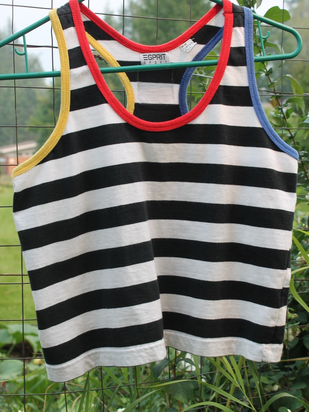 Esprit Black & White Striped Boxy Crop Top with Yellow, Red, & Blue Trim
